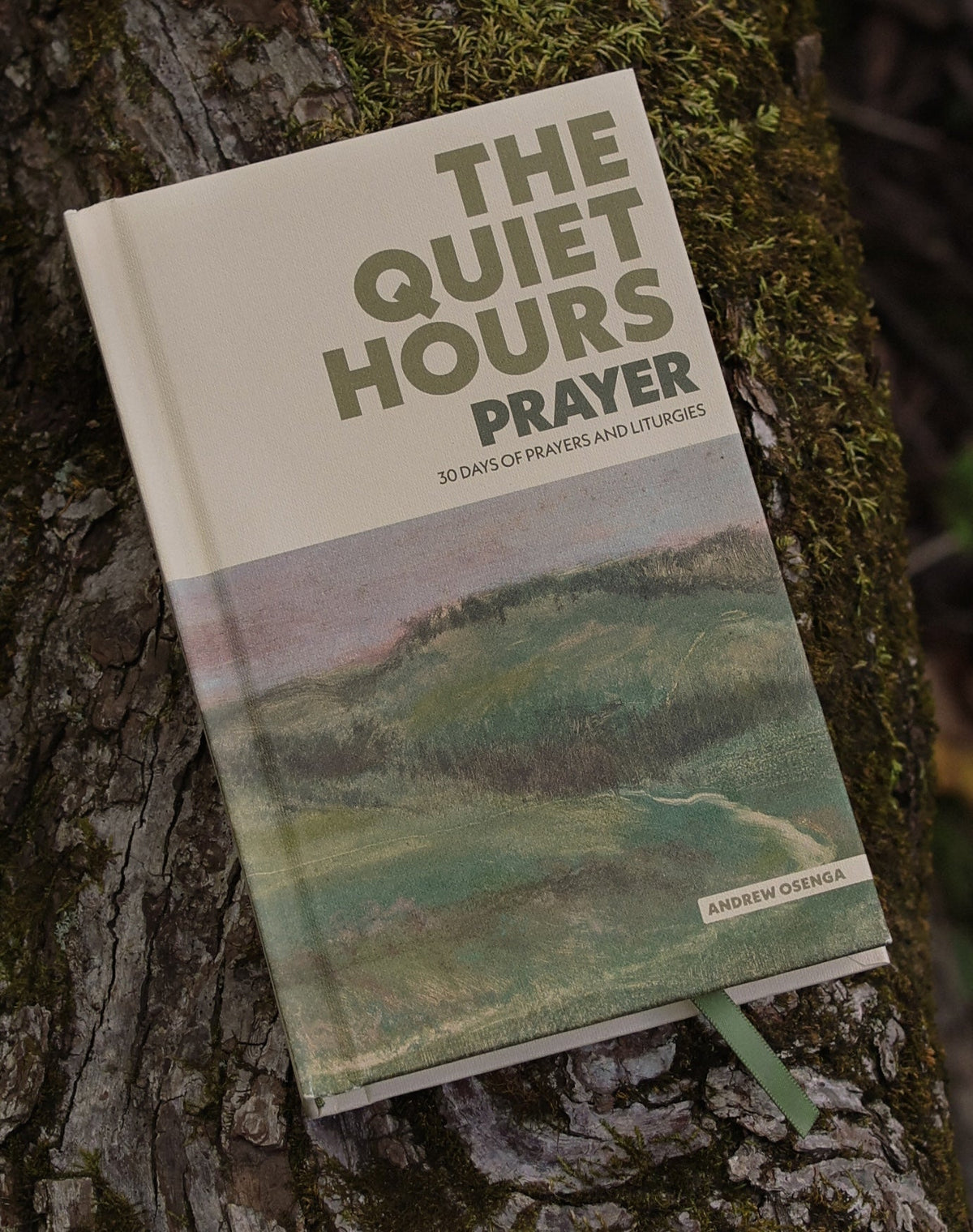 The Quiet Hours: Prayer — clothbound hardback resting on moss-covered bark