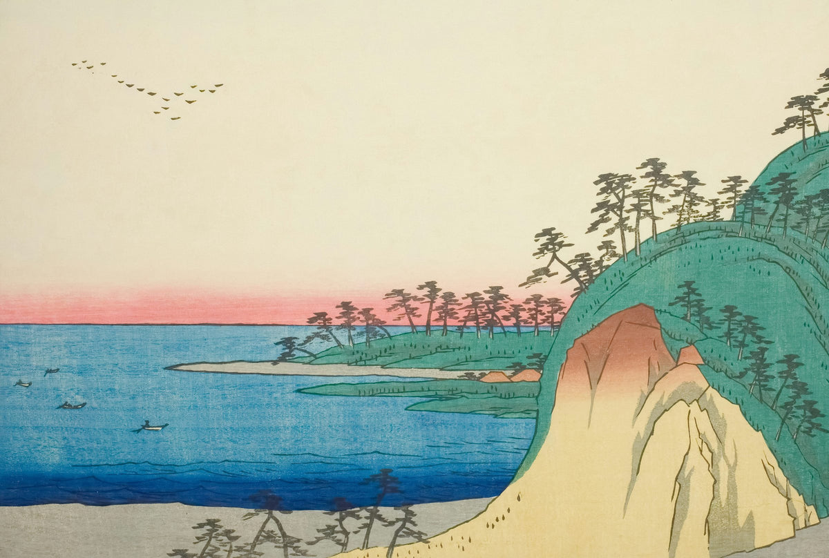 Woodblock print of a quiet coastline under a pink evening sky