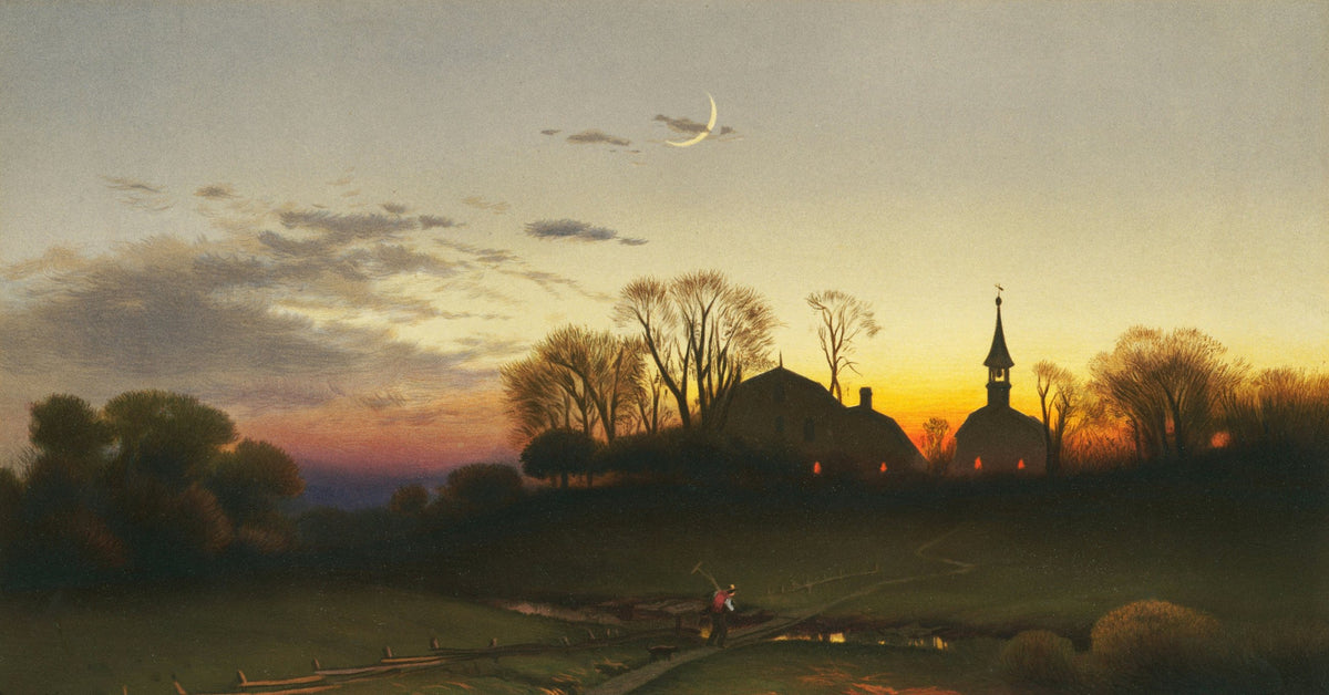 Painting of a village at dusk, lamplight in the windows under a fading sky