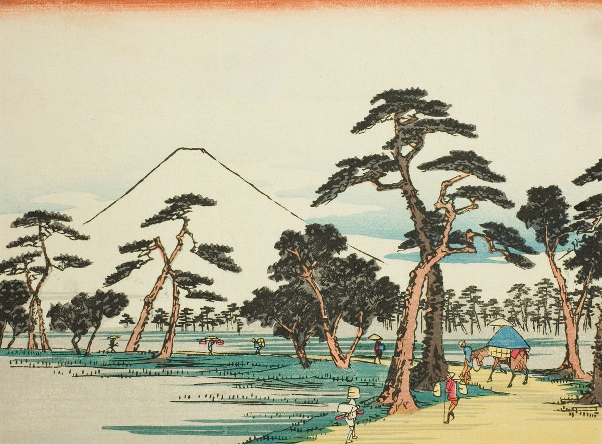 Woodblock print of Mount Fuji beyond wind-bent pines, under a wide cream sky