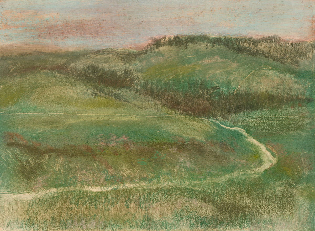 Pastel painting of green rolling hills under a soft sky