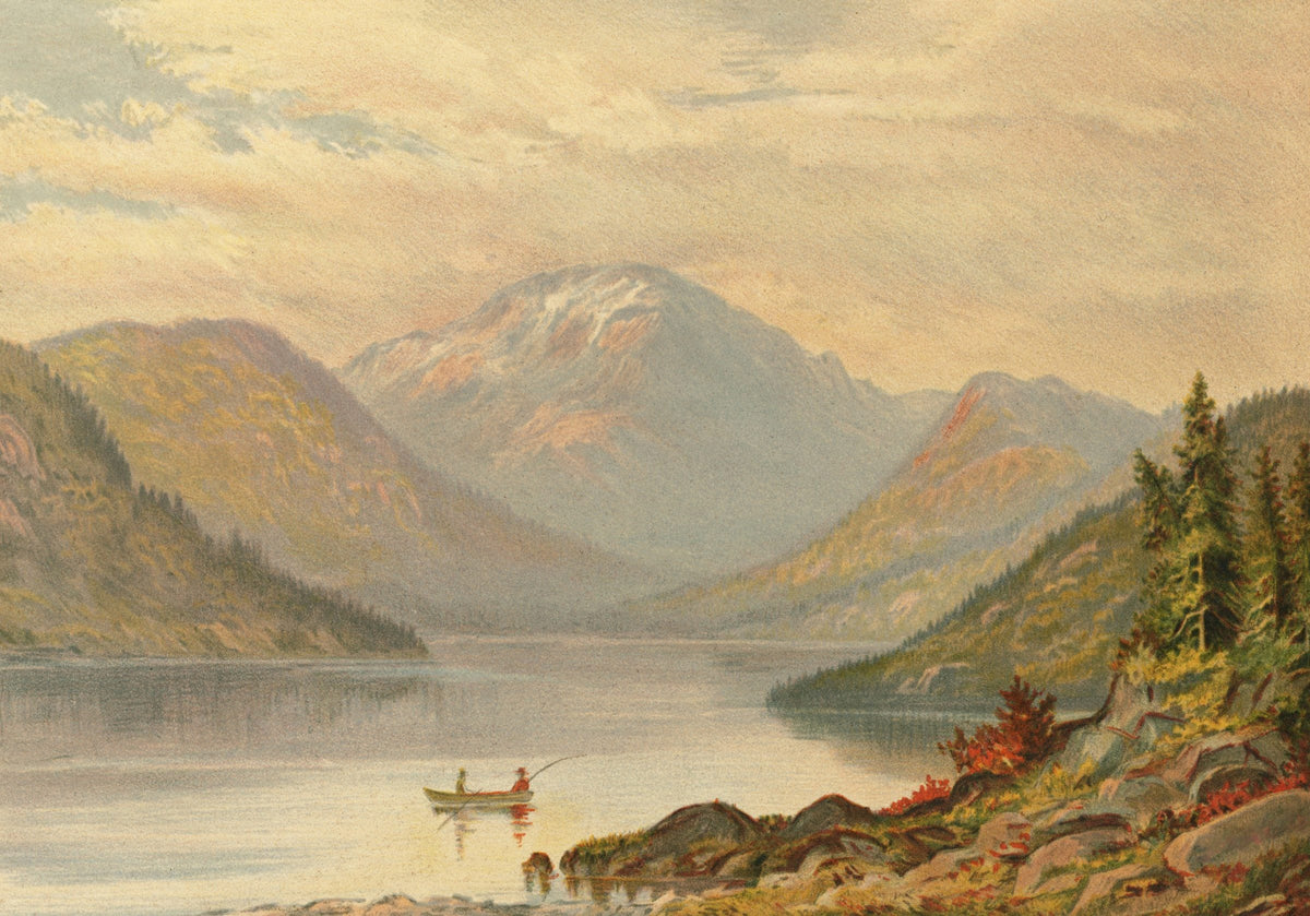 Painting of a golden mountain lake at dusk