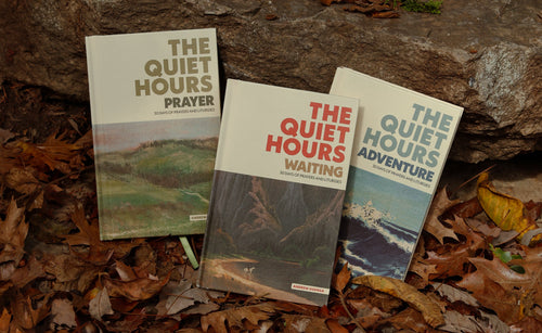 The Quiet Hours trilogy — Prayer, Waiting and Adventure on autumn leaves against a rock