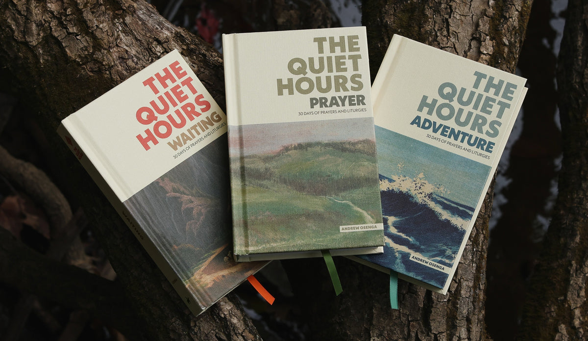 The Quiet Hours Founder's Bundle — Waiting, Prayer and Adventure resting on a tree