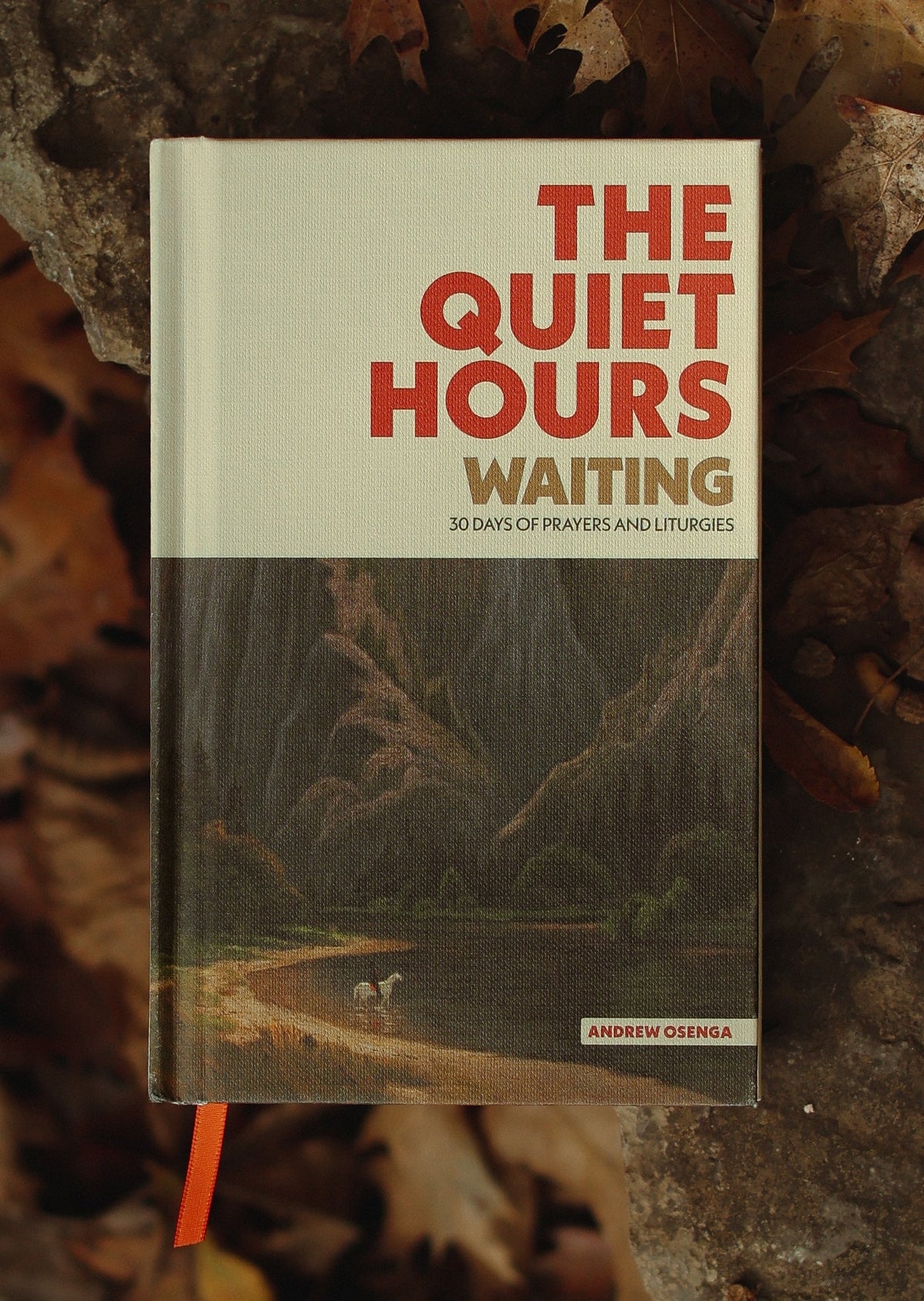 The Quiet Hours: Waiting — clothbound hardback with orange ribbon bookmark on autumn leaves