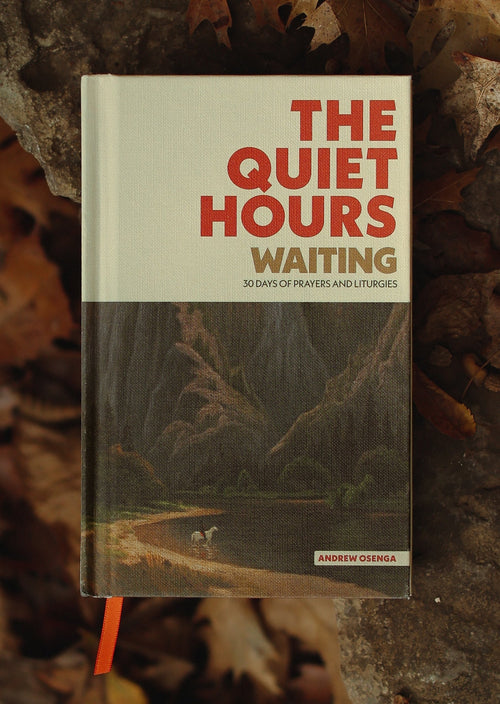 The Quiet Hours: Waiting — clothbound hardback with orange ribbon bookmark on autumn leaves